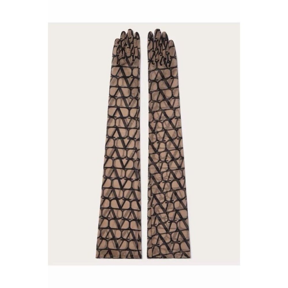 NWT Valentino Garavani Black Toile Iconographe Long Gloves Tulle Sz 7 100%